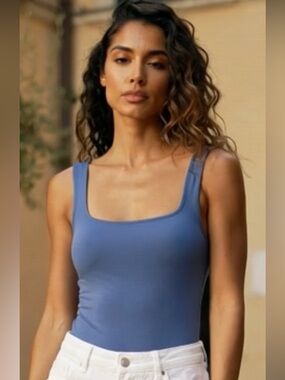 Dynamic Double Lined Blue Square Neck Bodysuit One Size New Trending